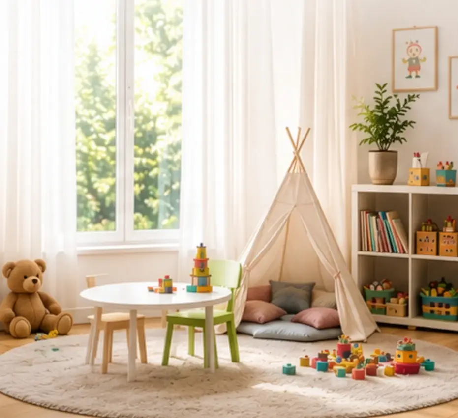Heller Spielbereich mit Kindertisch, Spielzeug, Kuscheltier und Spielzelt
