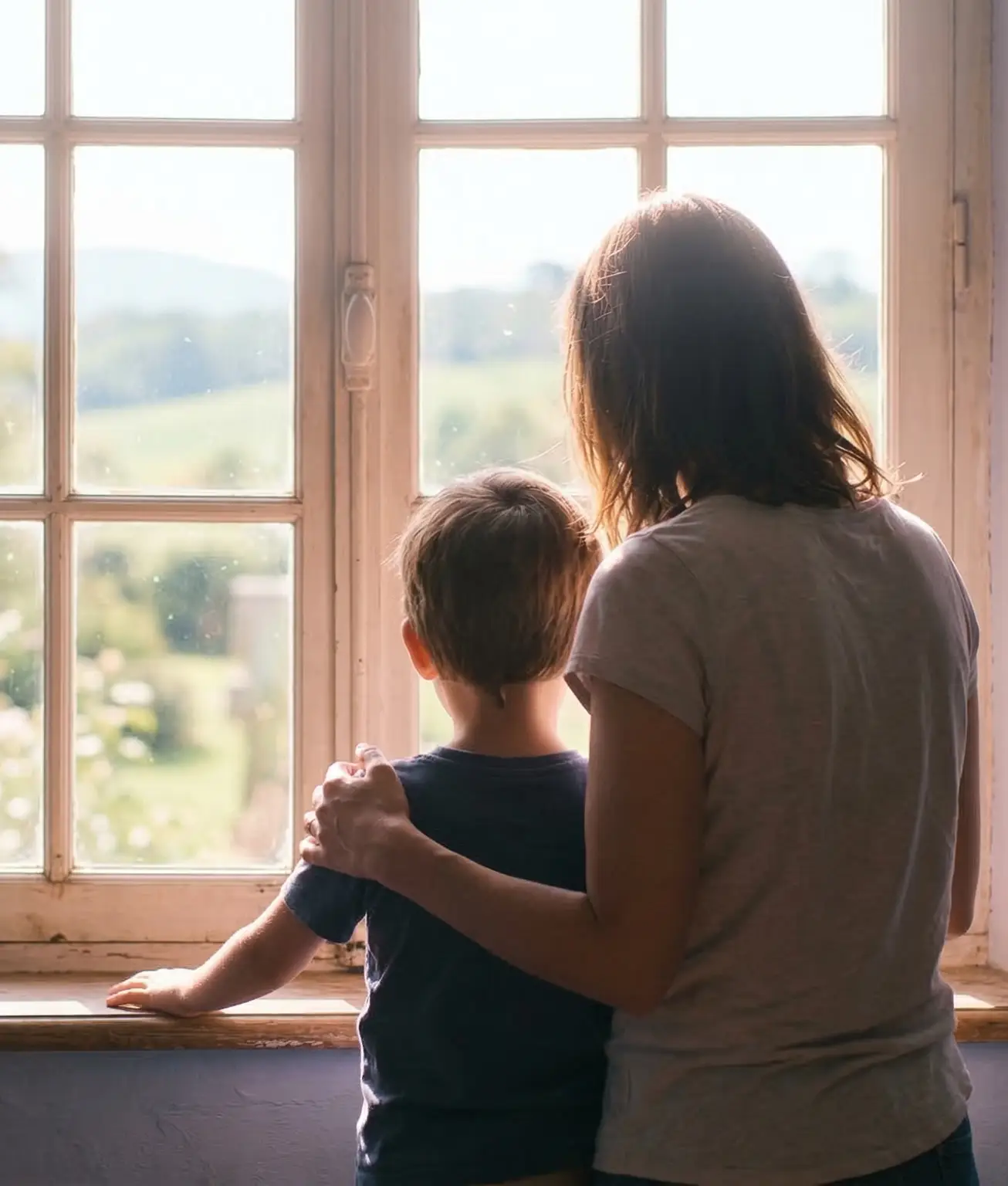 Frau steht mit einem Kind am Fenster und legt den Arm um das Kind