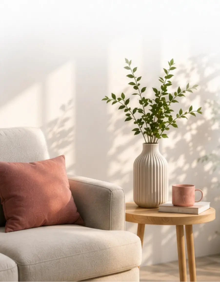 Heller Sitzbereich mit Sessel, Beistelltisch und Pflanze