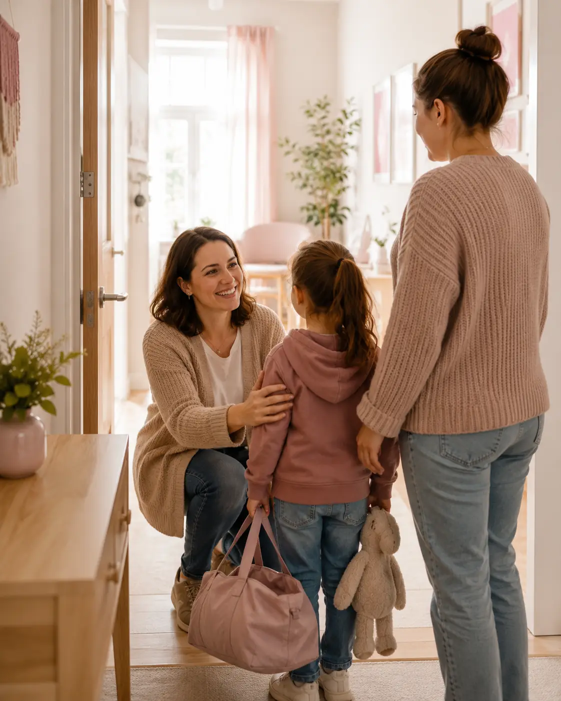 frauenhaus_dinslaken_warumwichtig Eine Mitarbeiterin begrüßt eine Mutter mit ihrer Tochter in einem hellen, freundlich eingerichteten Raum; das Kind hält eine Tasche und ein Stofftier.